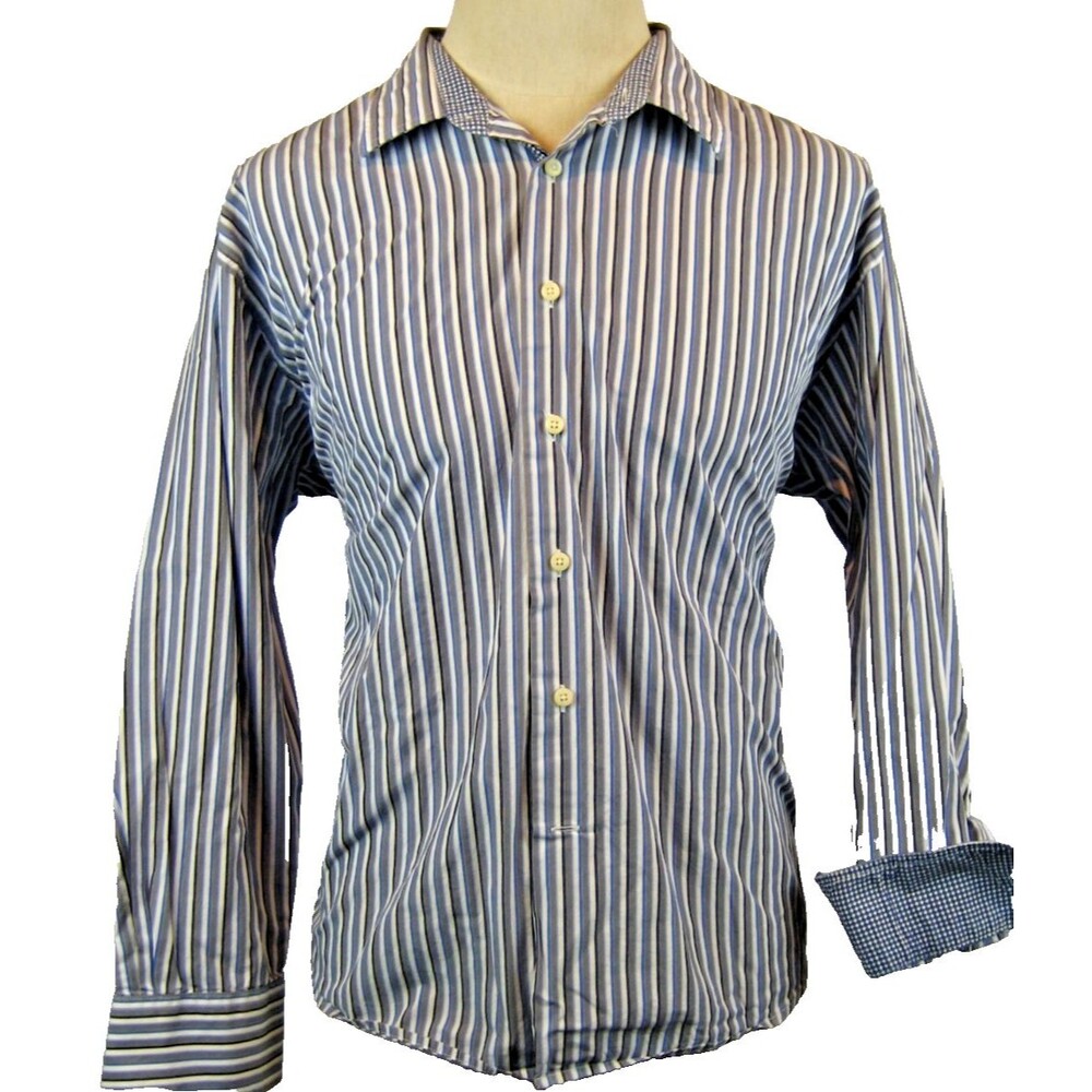 Mens Tallia Italy LS 100% Cotton Gray Striped FlipCuff Casual Shirt sz XXL 18.5